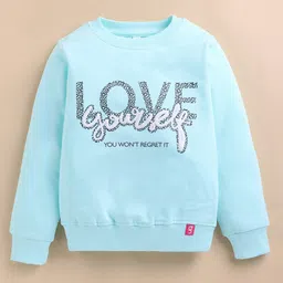 giniekids Cotton Blend Knit Full Sleeves Love Yourself Printed Light Winter Sweatshirt - Aqua-image-41