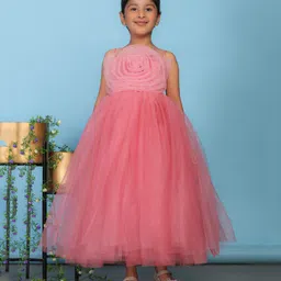 Toy Balloon Kids Net Woven Sleeveless Floral Applique Detailed & Foil Dots Printed Gown - Pink image 1