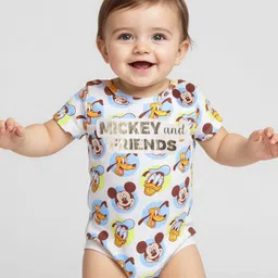 babyoye disney Babyoye Interlock Knit Half Sleeves Onesies With Foil Detailing Mickey & Friend Graphic Pack Of 2 - White & Light Blue image 3