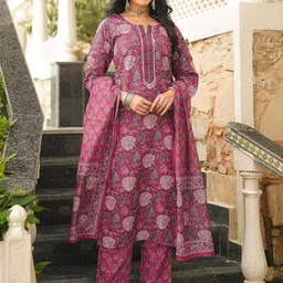 KALINI Floral Printed Regular Thread Work Straight Kurta With Trousers & Dupatta image 3