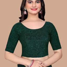 SHREEJI DESIGNER Woven Design Round Neck Short Sleeves Velvet Saree Blouse-picture-27