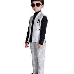 DOTSON Full Sleeves Solid Color Shirt & Trousers with Embroidered Jacket Party Suit - Grey image 5