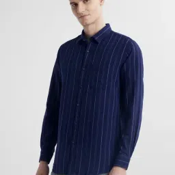 Peter England Navy Slim Fit Stripe Shirt-picture-46