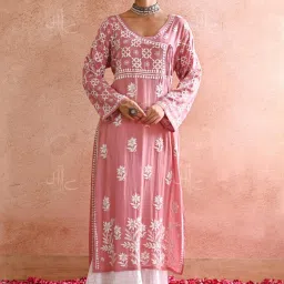 House of Chikankari Pink Embroidered Angrakha Kurta image 5