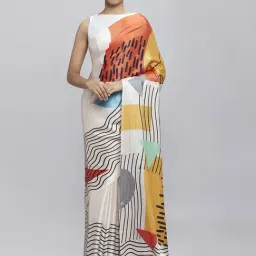 Navyasa Beige Liva Satin Geometric Printed Saree With Coordinated Unstitched Blouse Piece-image-12