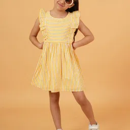 Creative Kid's Girls Yellow Cotton Striped Casual Dress image 5