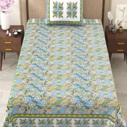 JaipurFabric Blue Cotton Printed 180 TC Single Bedsheet with 1 Pillow Covers image 3