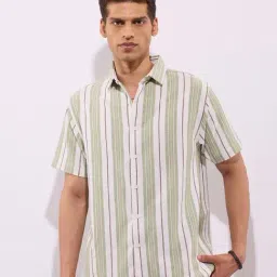Hoversoul White & Green Structure Striped Regular Fit Half Sleeves Shirt-picture-39