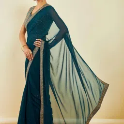 Soch Blue Embellished Saree With Unstitched Blouse image 5