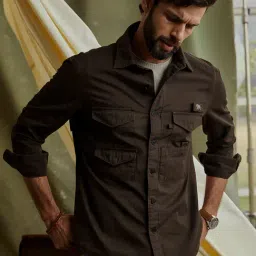 ANDAMEN Dark Brown Regular Fit Cotton Overshirt-image-48