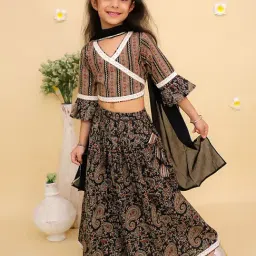 The Mom Store Girls Black Cotton Printed Top with Lehenga Set-picture-16