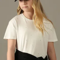 VERO MODA GIRL Snow White Cotton Embellished T-Shirt image 4