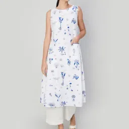 Melange by Lifestyle White & Blue Floral Print Kurta-image-42