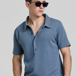 Snitch Blue Polo Collar Slim Fit Self Design T-shirt-picture-50