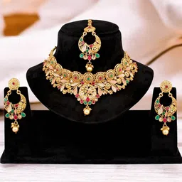 LUCKY JEWELLERY Gold-Plated Artificial Stone Studded & Beaded Jewellery Set image 4