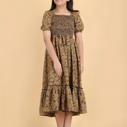 STARWORD Girls Floral Print Smocked Square Neck Puff Sleeve Fit & Flare Cotton Midi Dress-picture-13