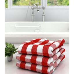 Athom Living 100% Premium Cotton Bath Towel Big Check Print Pack Of 3 - Red-picture-48