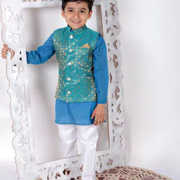 Superminis  Pure Cotton Full Sleeves Solid Kurta Pyjama With Dupion Silk Floral Block Motif Designed Jacket -  Blue-picture-36