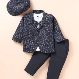Robo Fry Knit Full Sleeves Blazer T-Shirt & Trouser Set with Sea Life Theme Print Attached Bow & Hat- Charcoal Grey-picture-20