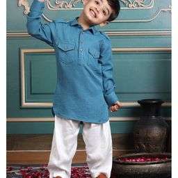 Polka Tots Cotton Full Sleeves Solid Pathani Style Kurta & Pyjama Set - Turquoise-picture-28