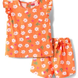 Babyhug Cotton Knit Half Sleeves Shorts Night Suit With Floral Print - Orange-picture-23