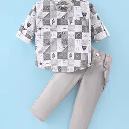 Rikidoos Full Sleeves Abstract Printed Shirt With Pant Suspender & Bow Set - White & Grey-picture-12