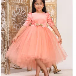 Toy Balloon Kids Net Woven Half Puffed Sleeves Velvet Sequin Bow Applique Detailed Dress - Peach-picture-19