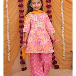 AJ Dezines Cotton Woven Three Fourth Sleeves Floral Printed & Gota Lace Embellished Kurti Palazzo With Dupatta Set - Pink-picture-14