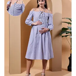Moms Maternity Cotton Woven Cold Shoulder Sleeves Striped Maternity Dress With Front Open Nursing Access - Blue-picture-17