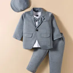Robo Fry Cotton Woven Full Sleeves Solid 3 Piece Party Suit With Bow & Cap - Light Blue & White-picture-24