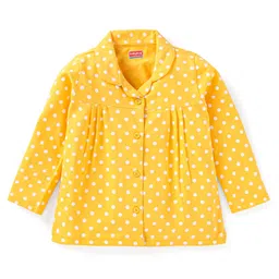Babyhug Cotton Knit Full Sleeves Front Open Night Suit With Polka Dot Print - Yellow image 2