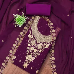 HERE&NOW Floral Embroidered Beads & Stones Georgette Unstitched Dress Material-picture-15