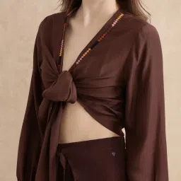 RAREISM Brown Viscose Blend Solid Long Sleeves Shrug image 5