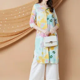 Melange By Lifestyle Aqua Regular Fit Floral Print Kurtas-picture-20