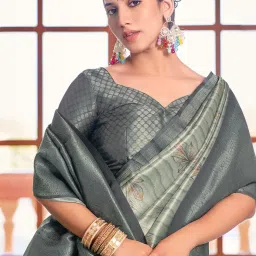 Satrani Grey Woven Saree With Unstitched Blouse image 5