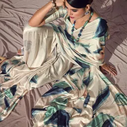 Satrani Cream Geometric Print Saree With Unstitched Blouse image 5