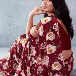 Satrani Maroon Floral Print Saree With Unstitched Blouse image 5