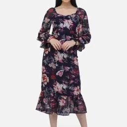 Cation Navy Floral Print A-Line Dress-image-8