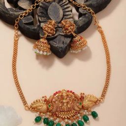 Panash Gold Plated Stones Studded & Beaded Temple Choker Jewellery Set-picture-47