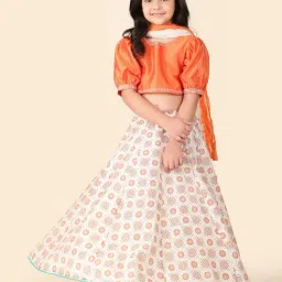 Fabindia Kids Orange & Cream Printed Lehenga, Choli with Dupatta-image-54