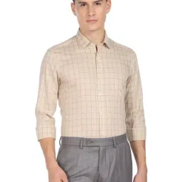 Arrow Mid Beige Cotton Slim Fit Checks Shirt-image-17