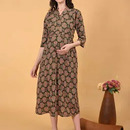 GOLDSTROMS Women Floral Print Maternity A-Line Midi Dress With Belt-picture-23