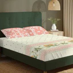Urban Space Peach Cotton Printed 200 TC King Fitted Fitted Bedsheet with 2 Pillow Covers image 2
