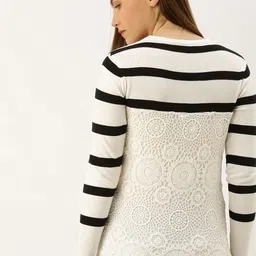 Honey by Pantaloons Women White & Black Striped Pullover Sweater With Lace Inserts-picture-44