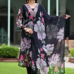 KALINI Floral Printed Mirror Work V Neck Kurta With Trousers And Dupatta image 2