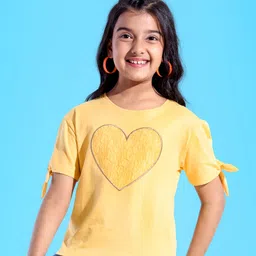 Pine Kids Cotton Knit Half Sleeves Top Heart Print with Lace Detailing- Snapdragon Yellow-picture-35