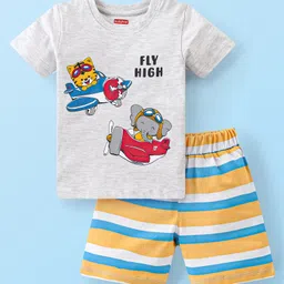 Babyhug Cotton Single Jersey Knit Half Sleeves Night Suit Animal Print - Grey-image-34