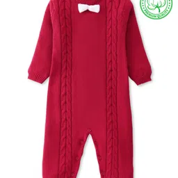 Babyhug Sweater Knitted Full Sleeves Winter Wear Romper With Cable Knit Design & Bow - Red-picture-19