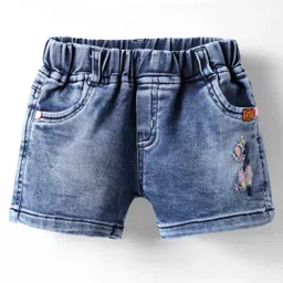 Olio Kids Denim Knit Above Knee Length Shorts with Love & Butterfly Embroidery - Light Blue-image-51