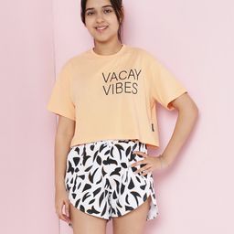 Lil Tomatoes Cotton Knit Half Sleeves Vacay Vibes Text Printed Top & Shorts Set - Peach-picture-27